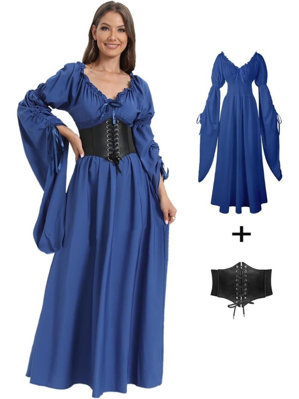 🎃 Women Blue Renaissance Witch Dress Peasant Gothic Fairy Halloween Costumes